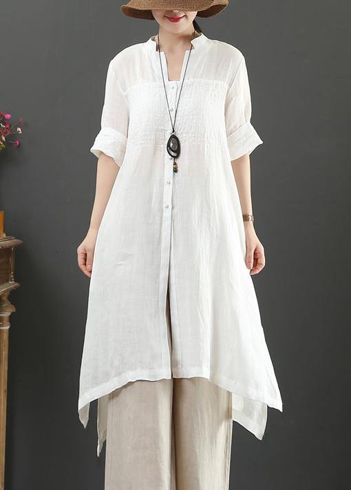 Bohemian white linen crane tops v neck tunic summer blouses - bagstylebliss