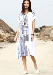 Bohemian white loose linen dress prints summer Dresses - bagstylebliss