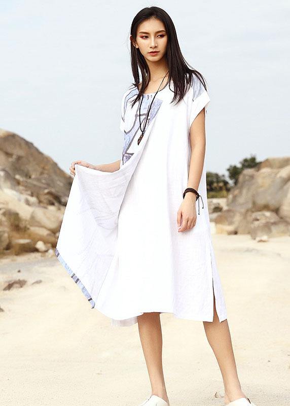 Bohemian white loose linen dress prints summer Dresses - bagstylebliss
