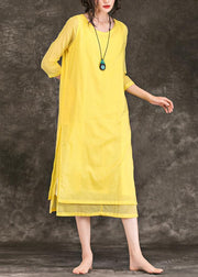 Bohemian yellow Cotton Long dress o neck patchwork Midi Summer Dresses