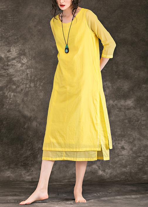 Bohemian yellow Cotton Long dress o neck patchwork Midi Summer Dresses