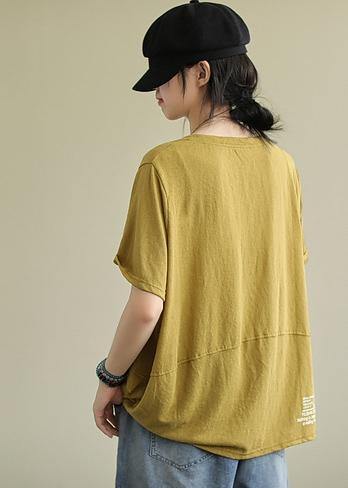 Bohemian yellow cotton linen tops women blouses o neck Letter Plus Size Clothing summer blouses - bagstylebliss