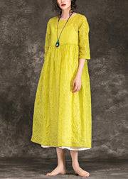 Bohemian yellow cotton quilting clothes Casual Catwalk o neck Three Quarter sleeve Robe Summer Dresses