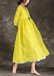 Bohemian yellow cotton quilting clothes Casual Catwalk o neck Three Quarter sleeve Robe Summer Dresses