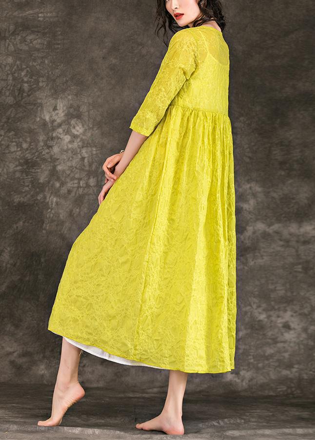 Bohemian yellow cotton quilting clothes Casual Catwalk o neck Three Quarter sleeve Robe Summer Dresses