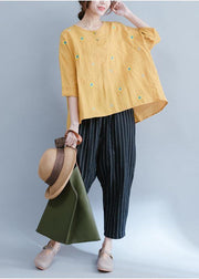 Bohemian yellow embroidery linen cotton top silhouette pattern short sleeve summer shirts - bagstylebliss