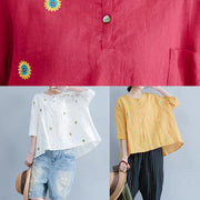 Bohemian yellow embroidery linen cotton top silhouette pattern short sleeve summer shirts - bagstylebliss