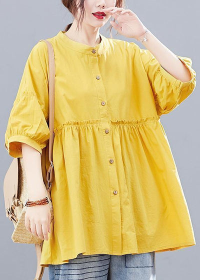 Bohemian yellow lantern sleeve cotton blouses for women stand collar Art summer shirts - bagstylebliss