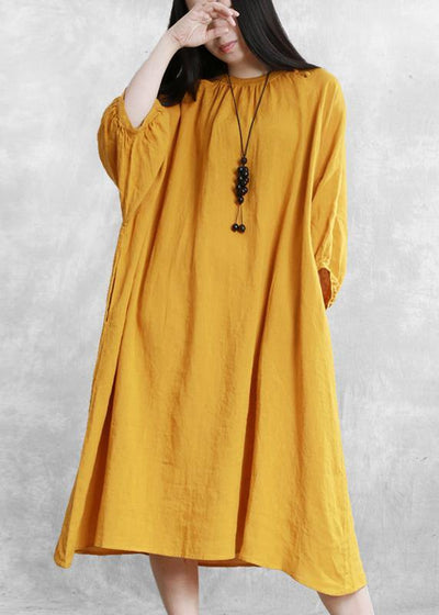 Bohemian yellow linen dresses o neck baggy Cinched Robe Dress - bagstylebliss
