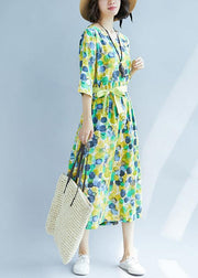 Bohemian yellow prints linen Soft Surroundings Cinched waist A Line summer Dresses - bagstylebliss