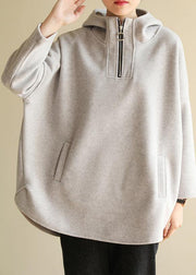 Bohemian zippered cotton hooded crane tops Fabrics gray Sweatshirt - bagstylebliss