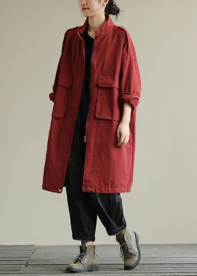 Bohemian zippered pockets fine fall Coats Women red baggy coat - bagstylebliss