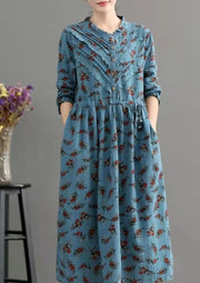 Bohemian Blue Pockets Print Loose Fall Maxikleid Langarm