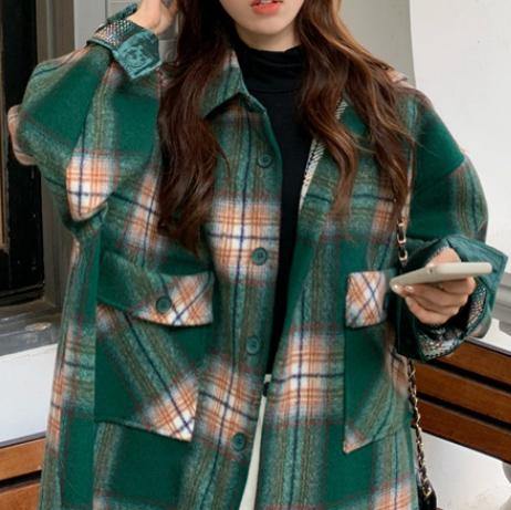 Bohemian Lapel Pockets Spring Shirts Green Plaid Top - bagstylebliss