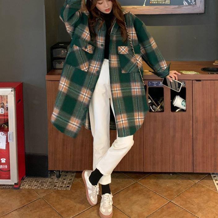 Bohemian Lapel Pockets Spring Shirts Green Plaid Top - bagstylebliss