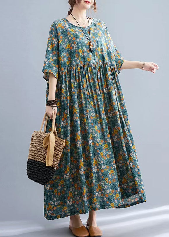 Bohemian Yellow Floral O-Neck Cinched pockets Long Dress Long Sleeve