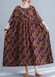 Bohemian Yellow Floral O-Neck Cinched pockets Long Dress Long Sleeve