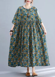 Bohemian Yellow Floral O-Neck Cinched pockets Long Dress Long Sleeve