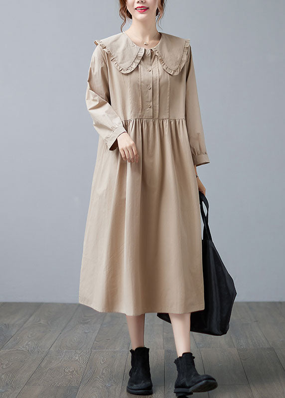 Boho Apricot Ruffled Patchwork Button Fall Dress Long sleeve