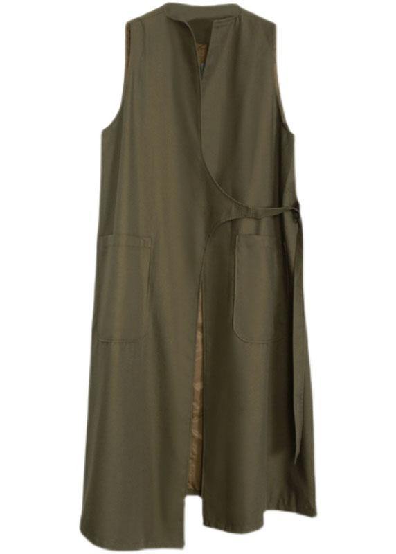 Boho Army Green Asymmetrical Design Pockets Fall Long Waistcoat - bagstylebliss