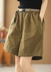 Boho Army Green Elastische Taillentaschen Schärpen Baumwolle Shorts mit weitem Bein Sommer