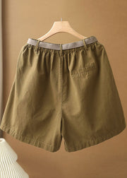 Boho Army Green Elastische Taillentaschen Schärpen Baumwolle Shorts mit weitem Bein Sommer