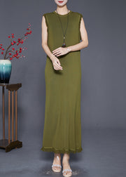 Boho Army Green Tasseled Slim Fit Knit Dresses Sleeveless