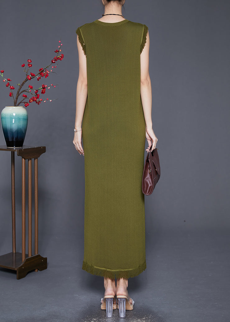 Boho Army Green Tasseled Slim Fit Knit Dresses Sleeveless