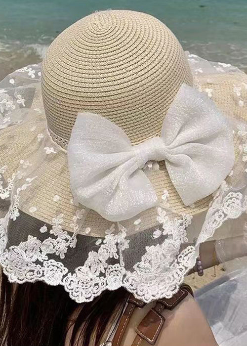 Boho Beige Bow Lace Patchwork Straw Woven Floppy Sun Hat