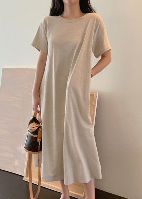 Boho Beige Loose Cotton Maxi Dress Short Sleeve