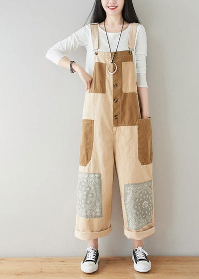 Boho Beige Patchwork Jeans Jumpsuit - bagstylebliss