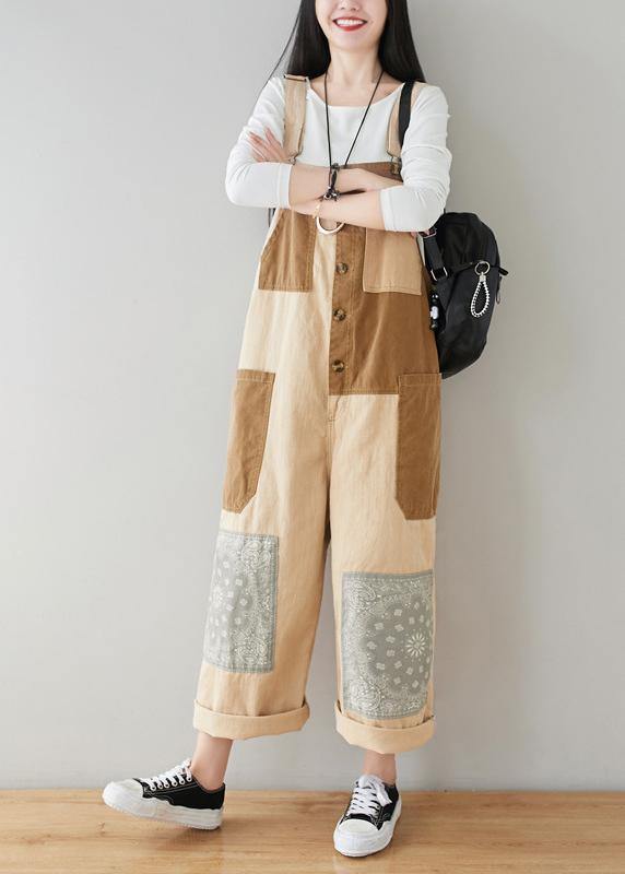 Boho Beige Patchwork Jeans Jumpsuit - bagstylebliss