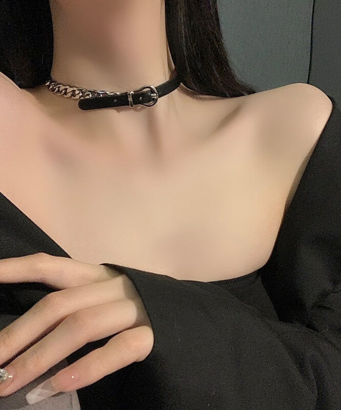 Boho Black Alloy Chain Patchwork Leather Choker