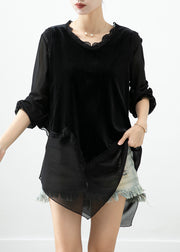 Boho Black Asymmetrical Patchwork Silk Velour Blouse Tops Fall