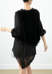 Boho Black Asymmetrical Patchwork Silk Velour Blouse Tops Fall