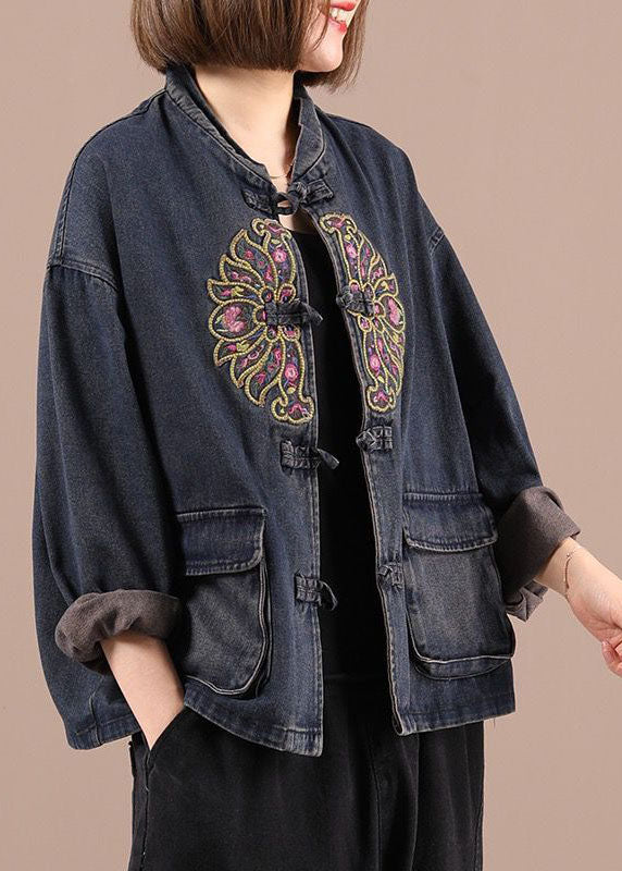 Boho Black Button Embroidered Pockets Fall Denim Jackets