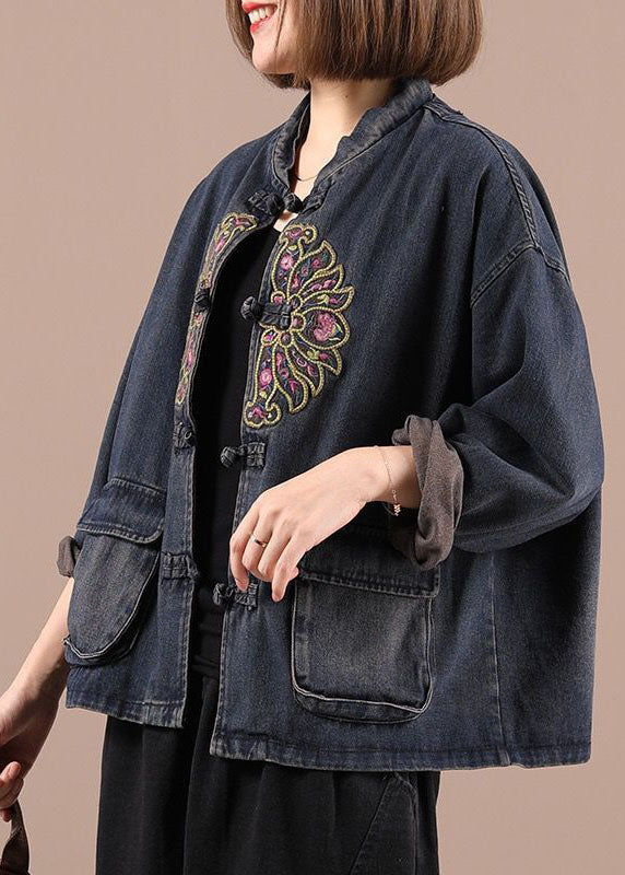 Boho Black Button Embroidered Pockets Fall Denim Jackets