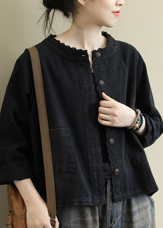 Boho Black Casual Button Embroidered Fall Denim Coat