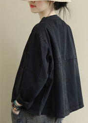 Boho Black Casual Button Embroidered Fall Denim Coat