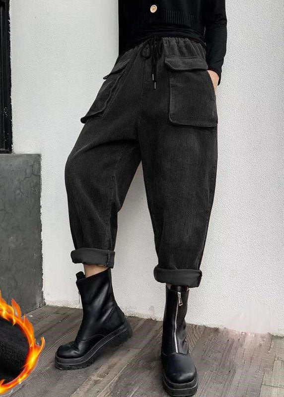 Boho Black Cinched Pockets Corduroy Pants Winter