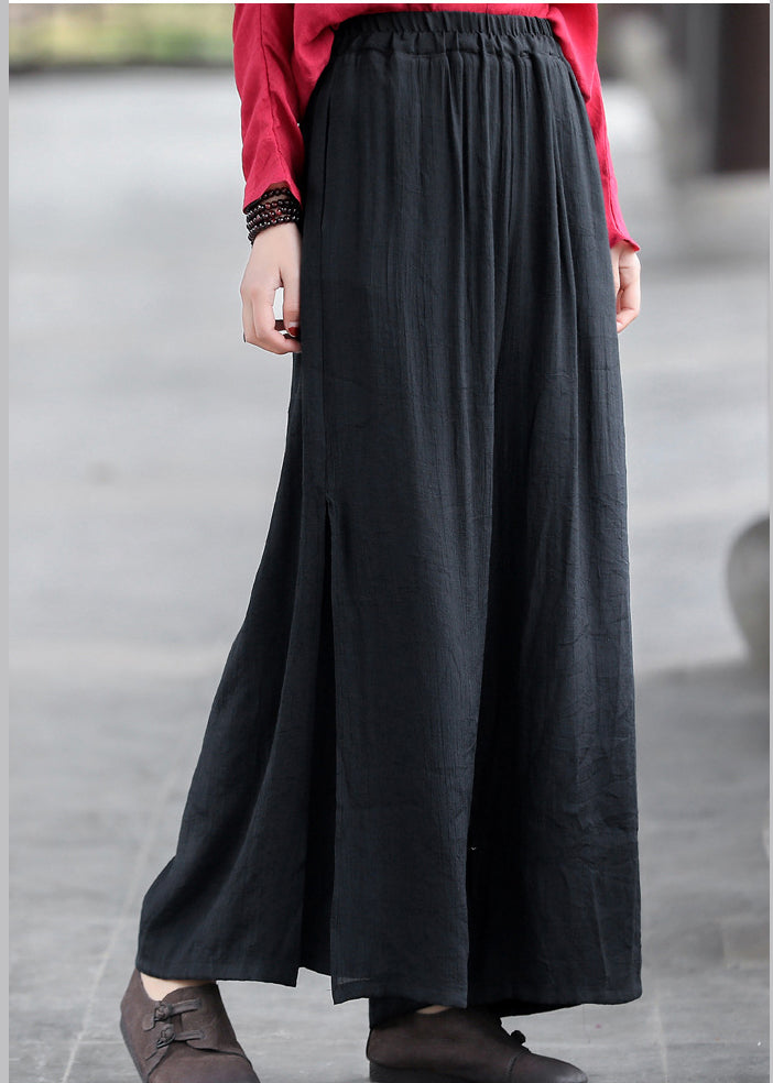 Boho Black Elastic Waist Side Open Double-deck Linen Wide Leg Pants Summer