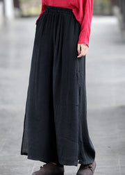 Boho Black Elastic Waist Side Open Double-deck Linen Wide Leg Pants Summer