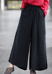 Boho Black Elastic Waist Side Open Double-deck Linen Wide Leg Pants Summer