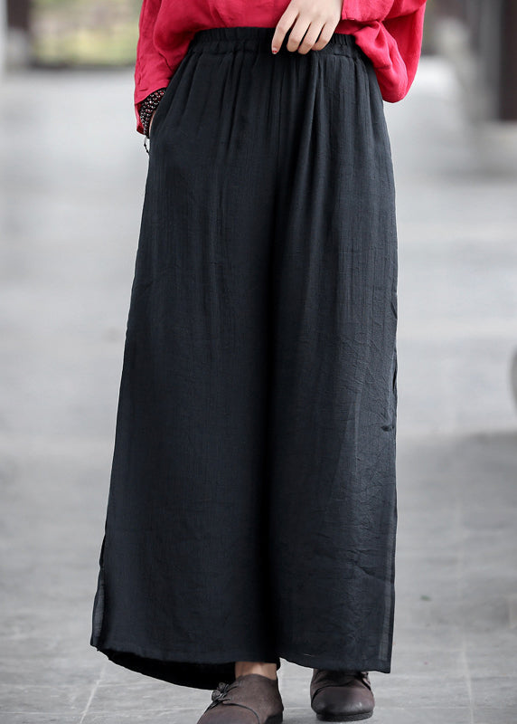 Boho Black Elastic Waist Side Open Double-deck Linen Wide Leg Pants Summer