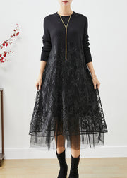 Boho Black Embroidered Tulle Patchwork Knit Long Dress Fall