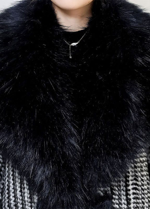 Boho Black Fur Collar Patchwork Warm Faux Leather And Fur Trench Winter