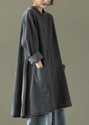 Boho Black Grey O-Neck Pockets Denim Long Dresses Long Sleeve - bagstylebliss