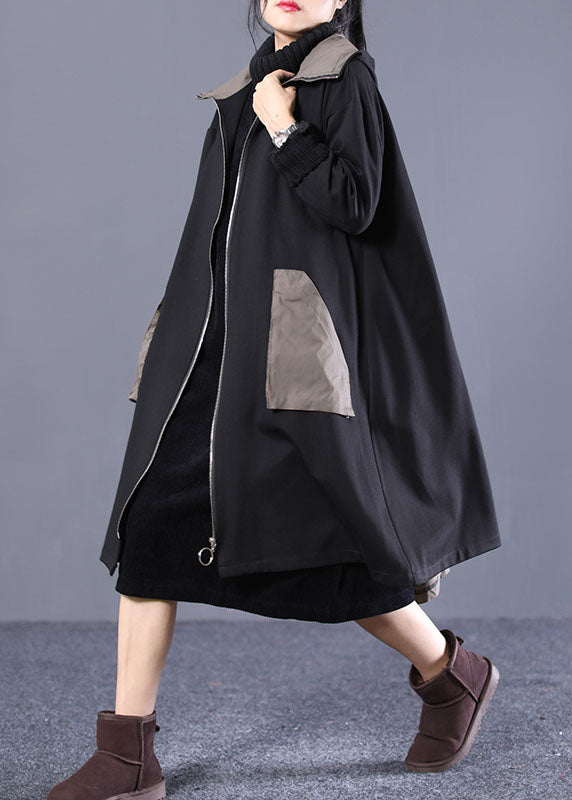 Boho Black Hooded Patchwork Cotton Coat Spring