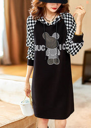 Boho Black Hooded Plaid Sweatshirt dress Winter