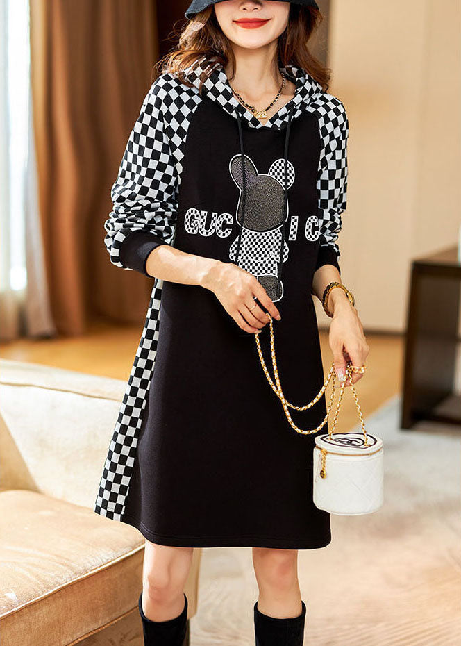 Boho Black Hooded Plaid Sweatshirt dress Winter